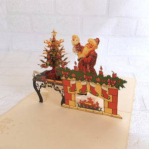 Handmade Vintage Victorian Father Santa Claus standing in front of fireplace On Christmas Eve Pop Up Card - 3D Xmas Cards