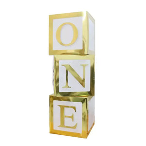 Transparent ONE Balloon Cube Boxes - Metallic Gold