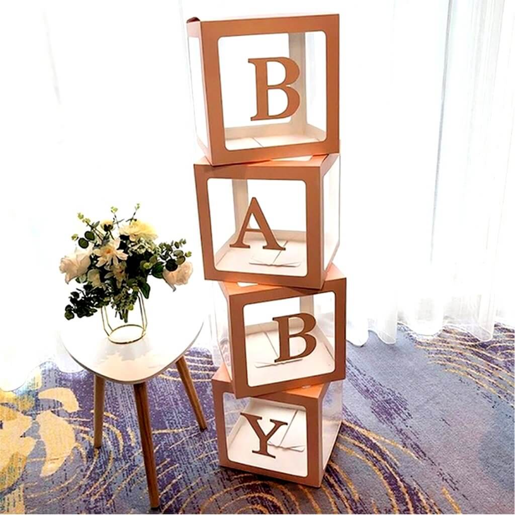 Transparent BABY Balloon Cube Boxes - Metallic Rose Gold