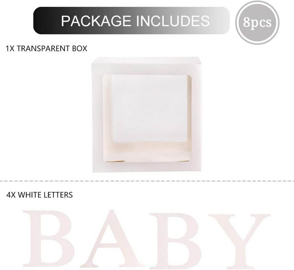 Transparent & White BABY Balloon Cube Boxes - Baby Shower and Gender Reveal Party Decorations