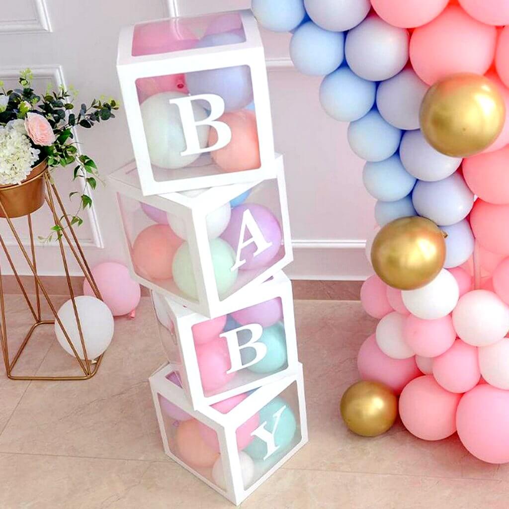 Transparent & White BABY Balloon Cube Boxes - Baby Shower and Gender Reveal Party Decorations