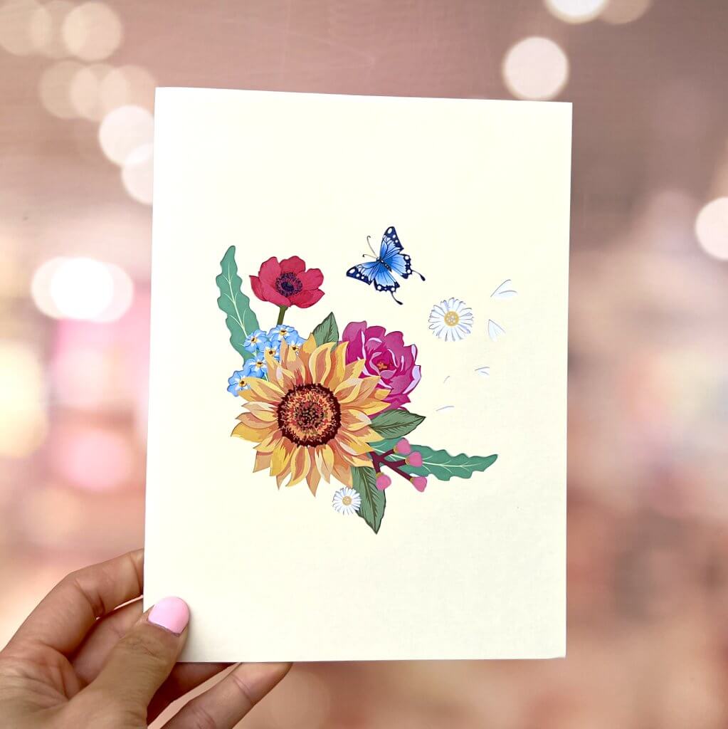 Handmade Colourful Spring Flower Basket 3D Floral Pop Up Card - Cream Cover