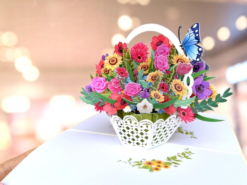Handmade Colourful Spring Flower Basket 3D Floral Pop Up Card - Cream Cover
