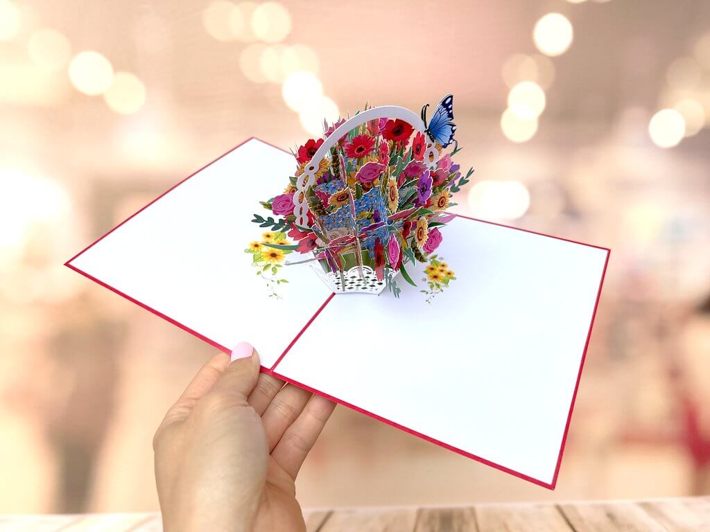 Handmade Colourful Spring Flower Basket 3D Floral Pop Up Card - Red Cover