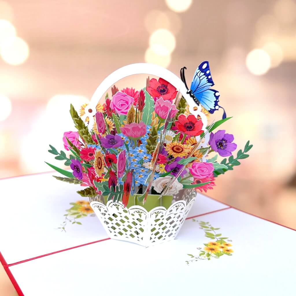 Handmade Colourful Spring Flower Basket 3D Floral Pop Up Card - Red Cover