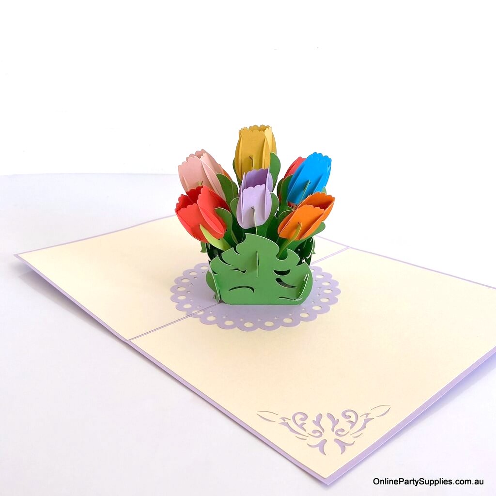 Handmade Colourful Tulip Flower Bouquet in a Posy Box 3D Pop Up Greeting Card