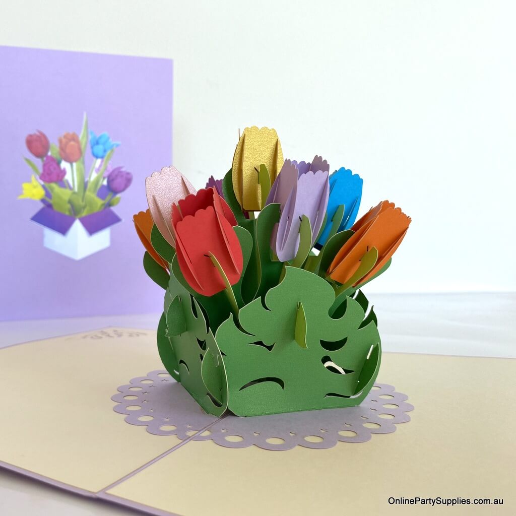 Handmade Colourful Tulip Flower Bouquet in a Posy Box 3D Pop Up Greeting Card