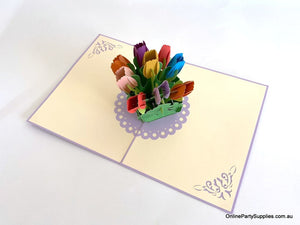 Handmade Colourful Tulip Flower Bouquet in a Posy Box 3D Pop Up Greeting Card