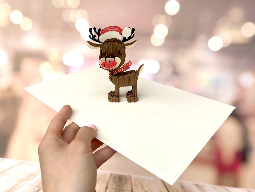 Cute Baby Reindeer Wearing Xmas Hat 3D Pop Up Card