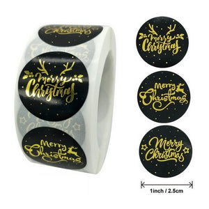 Style D - Round Gold Foil Merry Christmas Black Stickers - Christmas Gift Packing and Wrapping Supplies