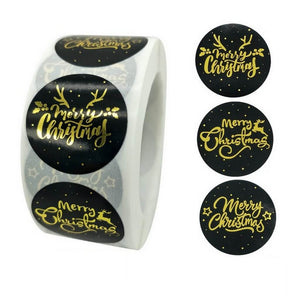 Style D - Round Gold Foil Merry Christmas Black Stickers - Christmas Gift Packing and Wrapping Supplies