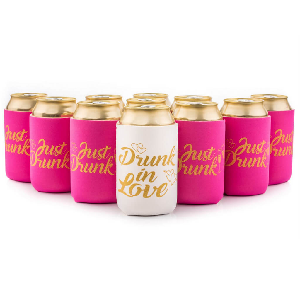 Online Party Supplies White & Pink Drunk In Love Bachelorette Hen Party Stubby Holder Pack of 11