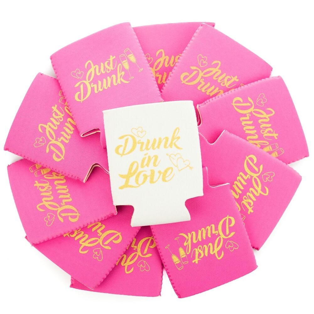 Online Party Supplies White & Pink Drunk In Love Bachelorette Hen Party Stubby Holder Pack of 11