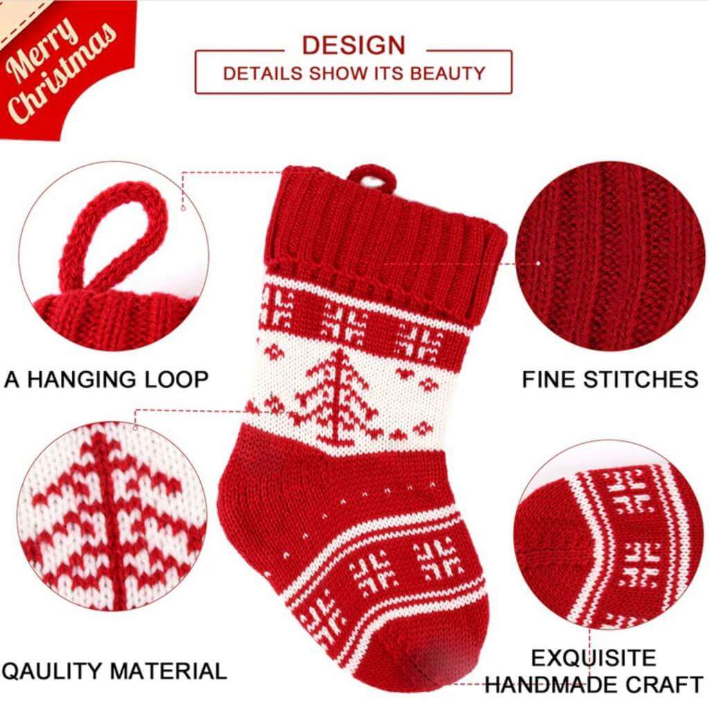 Red White Knit Traditional Snowflake Pattern Christmas Santa Hanging Stocking - Xmas Home & Wall Decorations