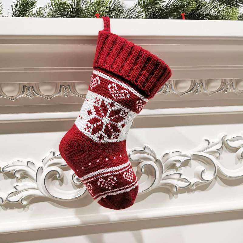 Red White Knit Traditional Snowflake Pattern Christmas Santa Hanging Stocking - Xmas Home & Wall Decorations