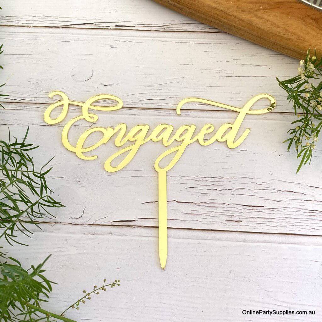 Online Party Supplies Australia Gold Mirror Acrylic 'Engaged' Wedding Cake Topper