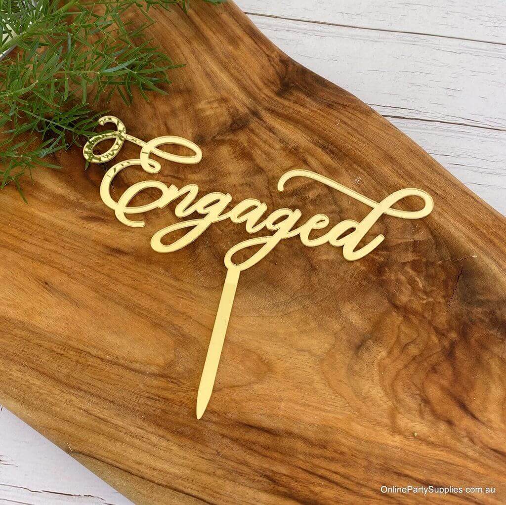 Online Party Supplies Australia Gold Mirror Acrylic 'Engaged' Bridal Shower Cake Topper