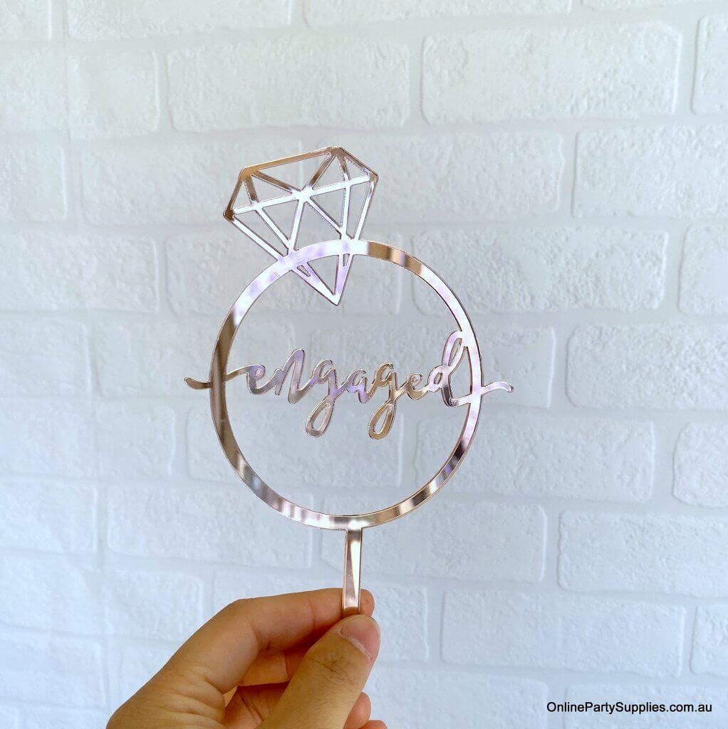 Rose Gold Mirror Acrylic 'Engaged' Diamond Ring Wedding Cake Topper Online Party Supplies