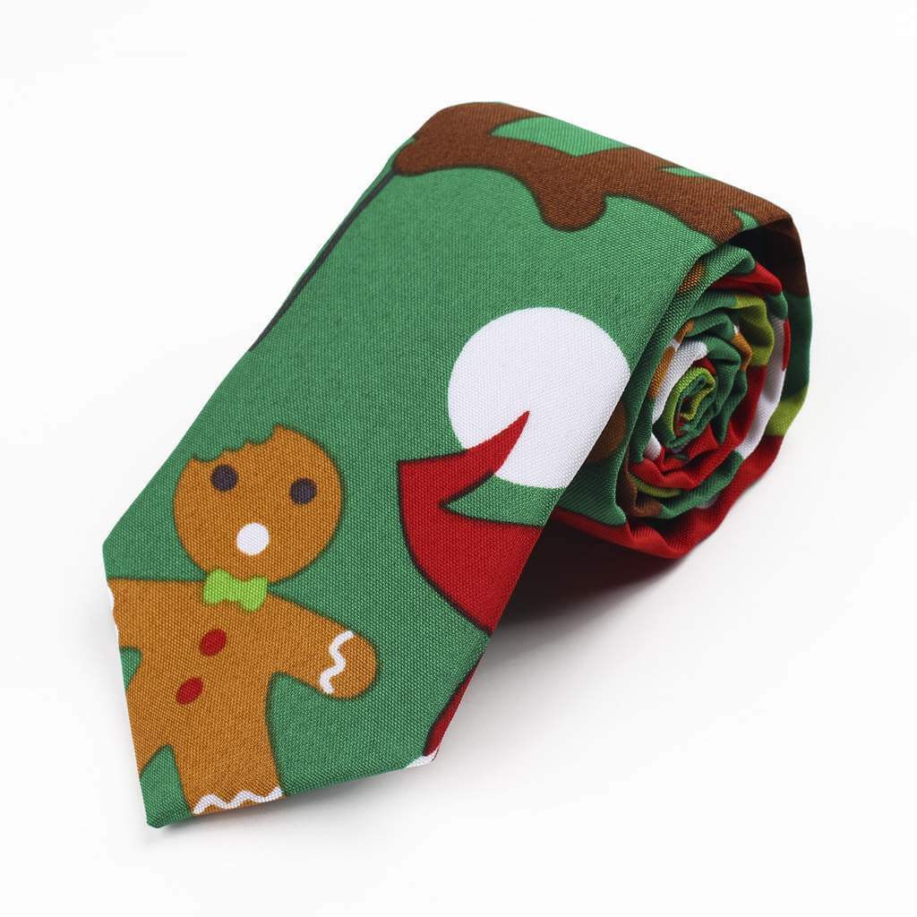 Deluxe Green Gingerbread Man Christmas Tie for Men - Xmas Novelty and Costume Accessories