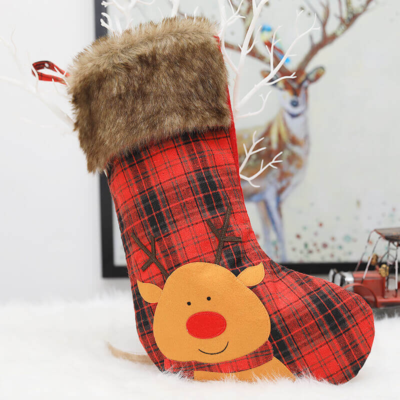 Faux Fur Felt Red & Black Check Buffalo Plaid Christmas Stocking