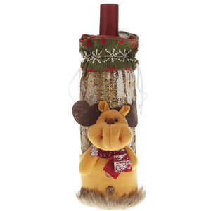 Faux Fur Snowman Moose Santa Claus Christmas Wine Bottle Cover Bag with buttons - Online Party Supplies