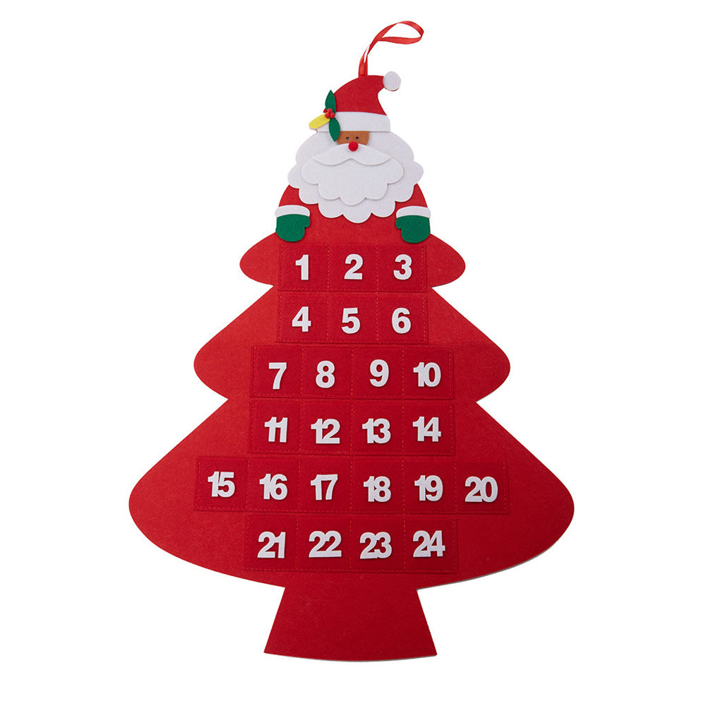 Felt Red Christmas Santa on Xmas Tree Advent Calendar with Pockets - Felt Fabric Countdown Calendar for Kids