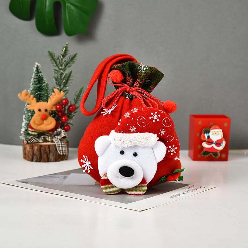 Red Felt Christmas Goodie Bag with Drawstring polar bear