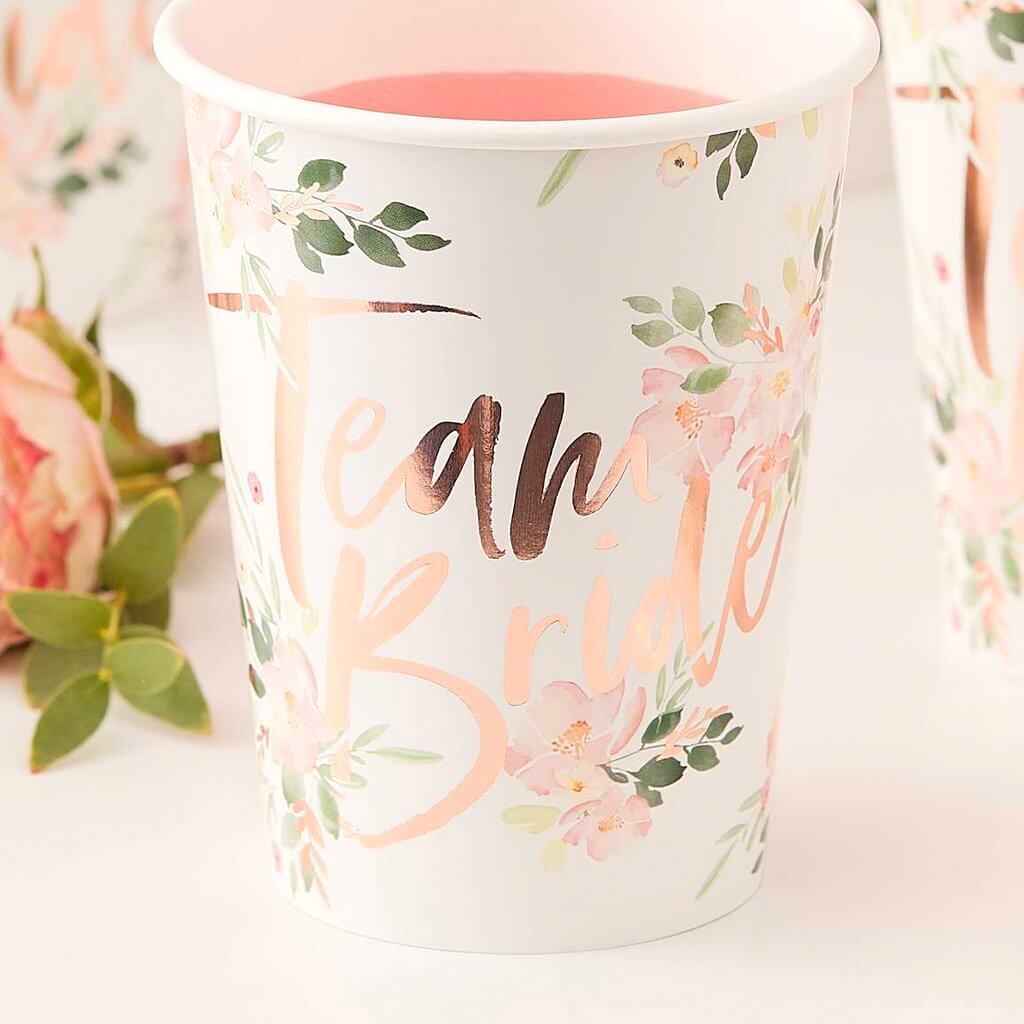 Ginger Ray Floral Team Bride 266ml Paper Cup 8 Pack