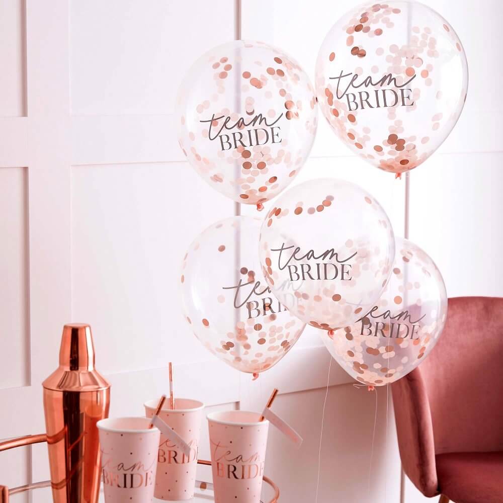 12" Ginger Ray Hen Party 'Team Bride' Rose Gold Confetti Latex Balloon Bouquet