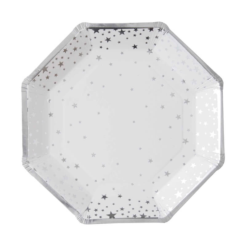 Ginger Ray Star Metallic Silver 23cm Hexagonal Shaped Paper Plates 8 Pack