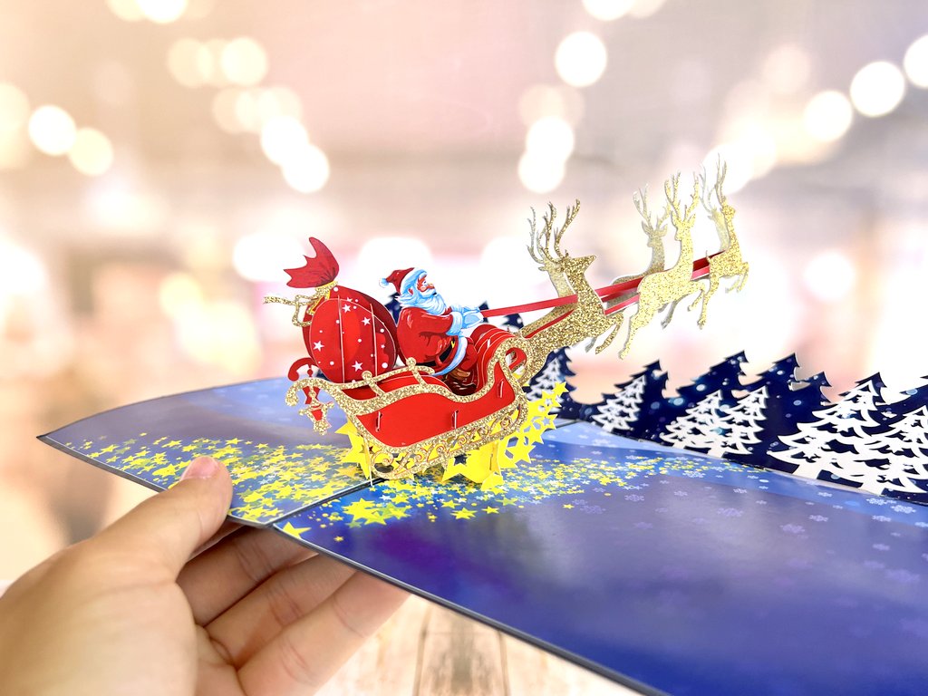 Handmade Glitter Santa On Sleigh Pop Up Christmas Card