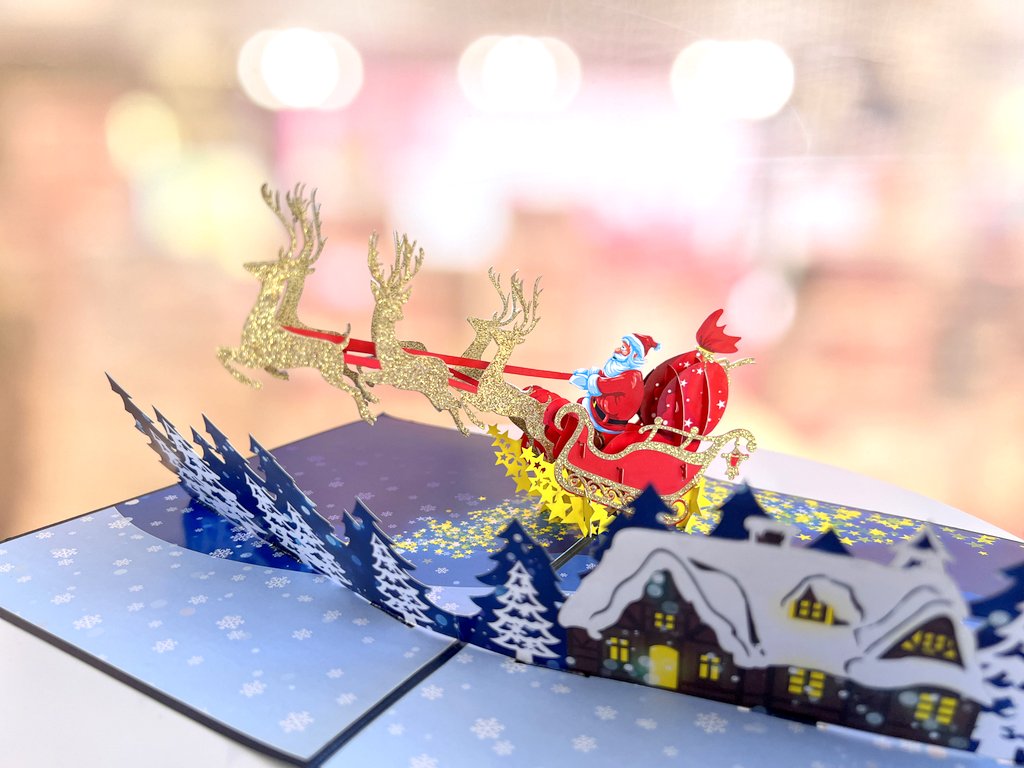 Handmade Glitter Santa On Sleigh Pop Up Christmas Card