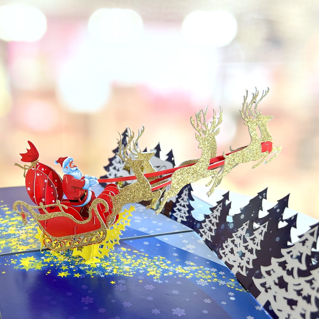 Handmade Glitter Santa On Sleigh Pop Up Christmas Card