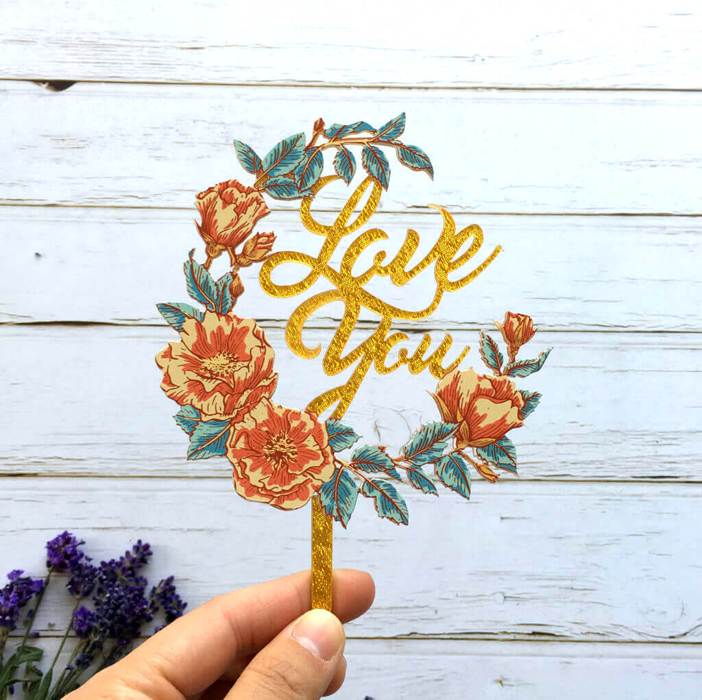 Gold Glitter Acrylic 'Love You' Floral Wreath Cake Topper