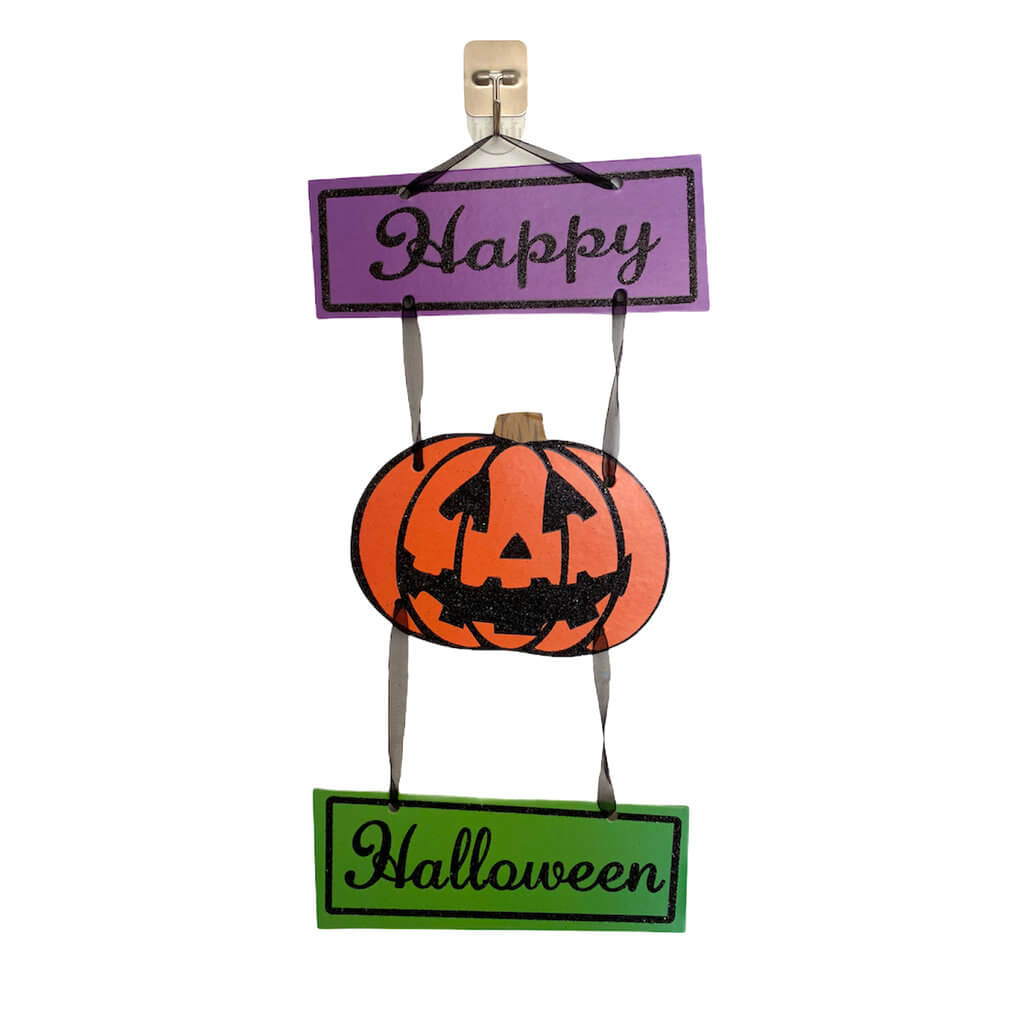 Glitter Happy Halloween Laughing Pumpkin Door Hanging Ornament