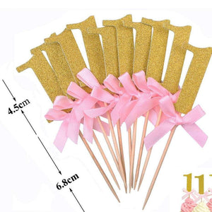 Gold Glitter Number One Paper Pink Ribbon Cupcake Topper 6 Pack