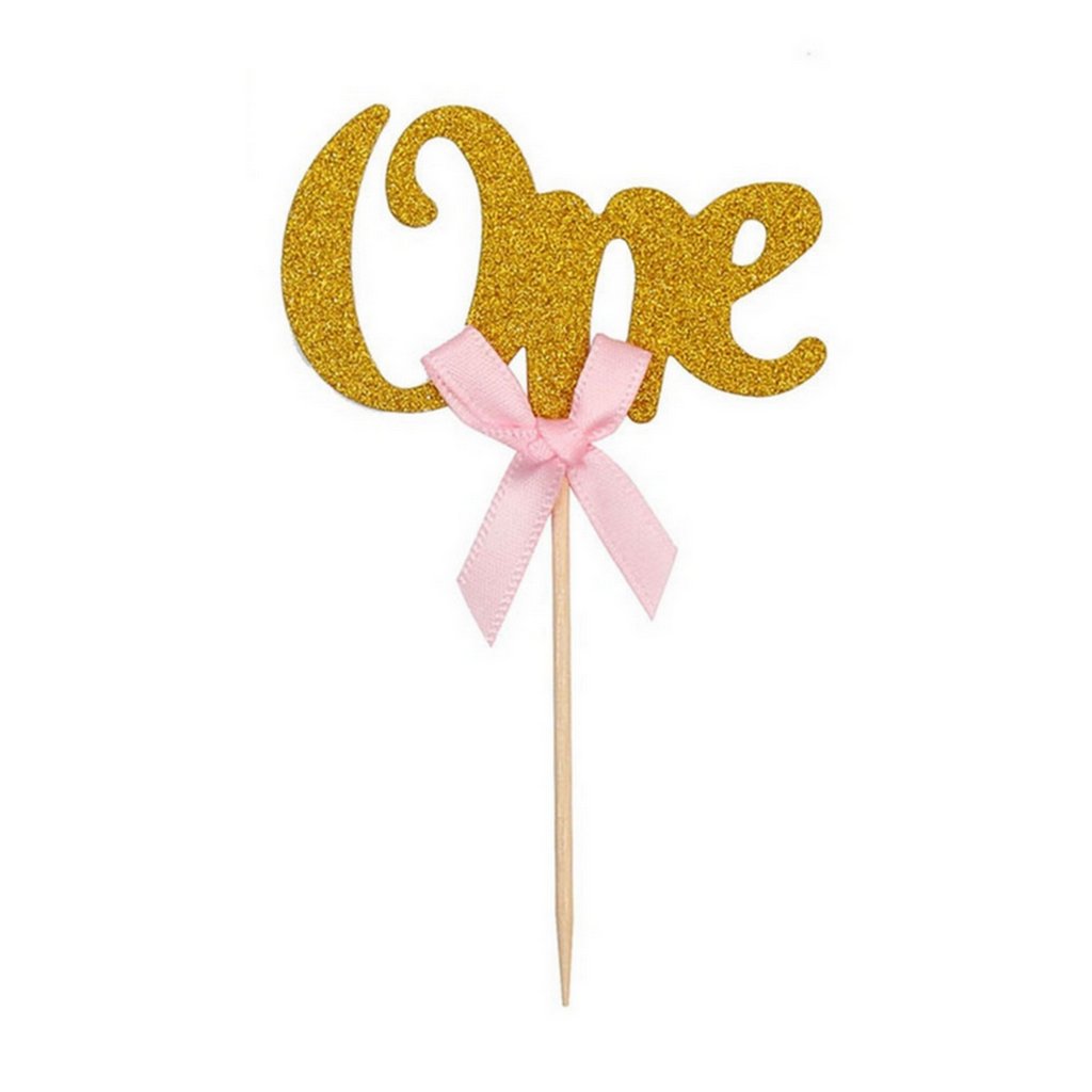 Gold Glitter One Script Paper Cupcake Topper 10 Pack