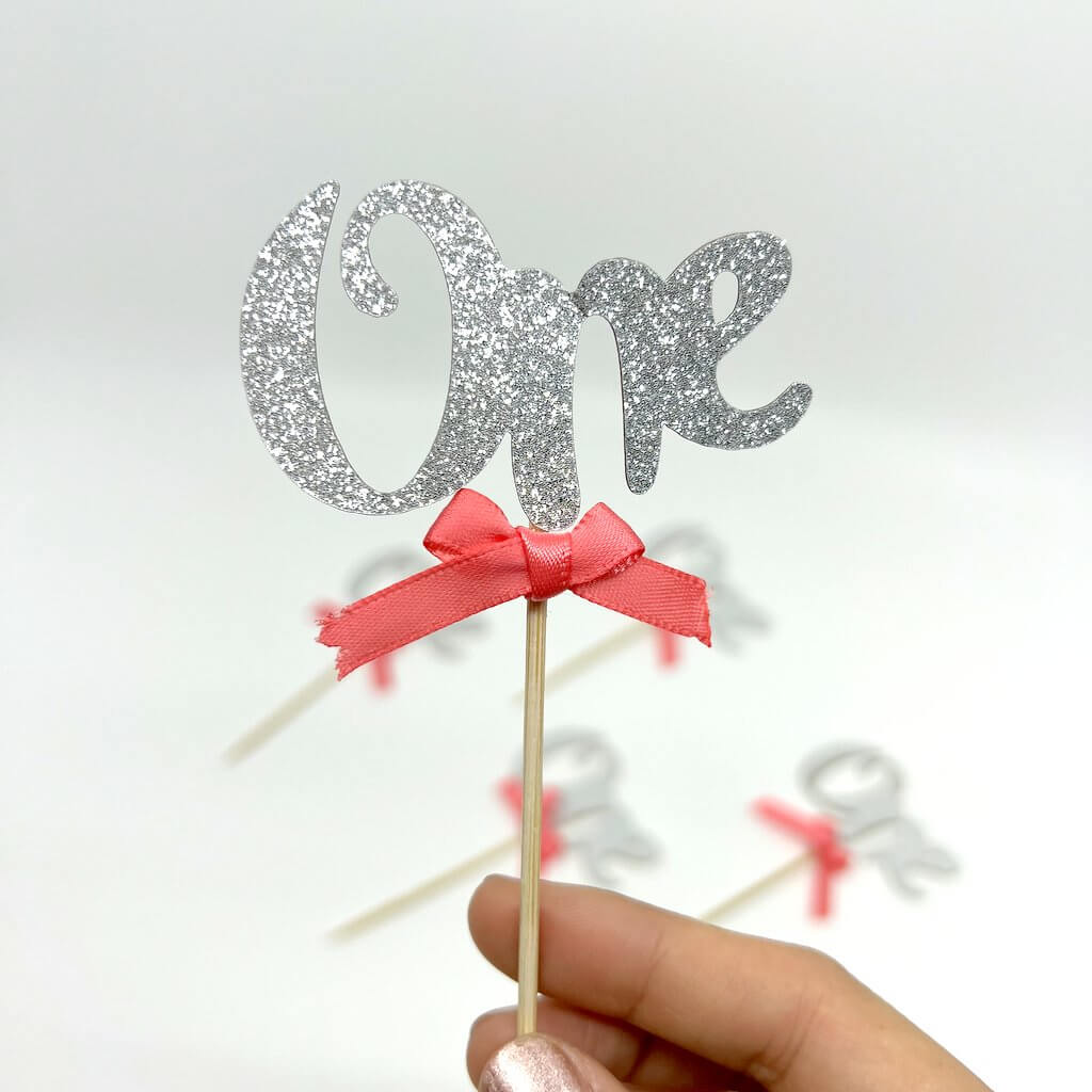 Silver Glitter One Script Paper Cupcake Topper 6 Pack - Watermelon Ribbon