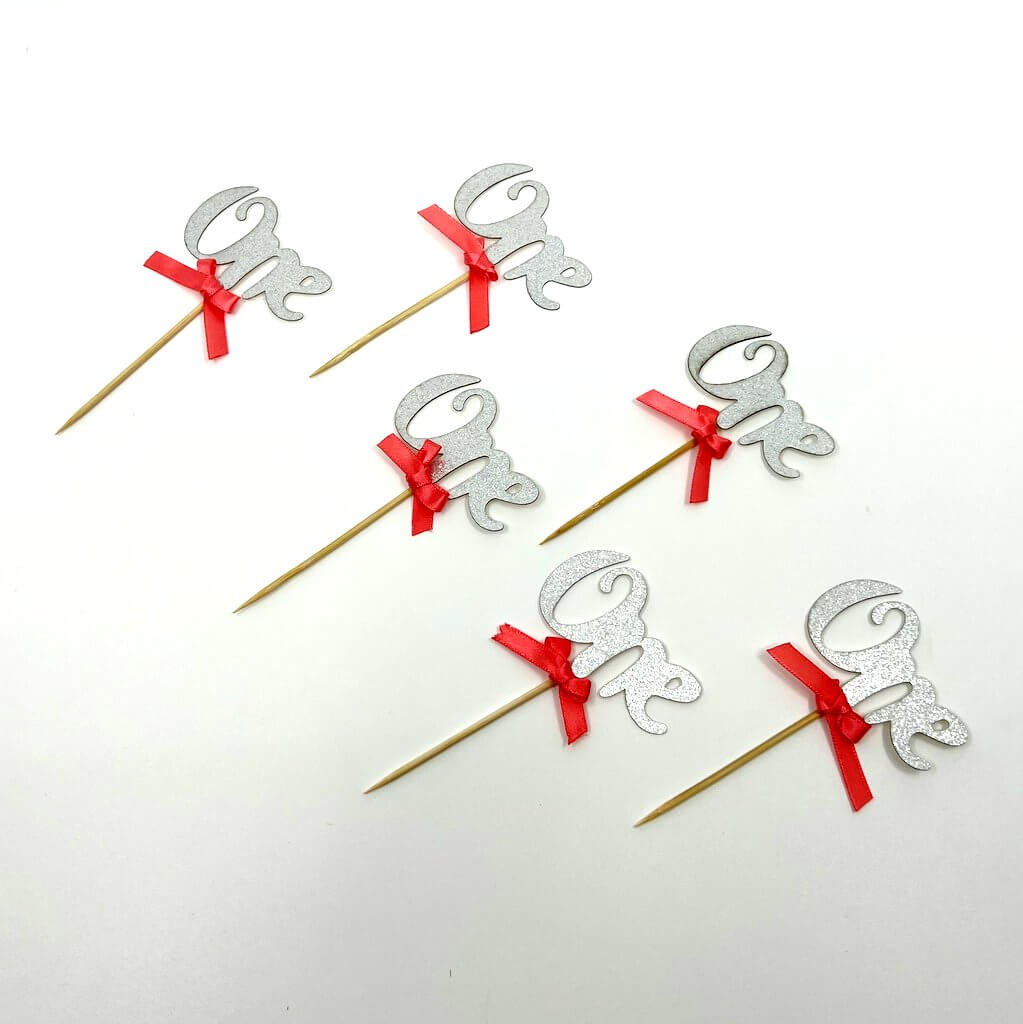 Silver Glitter One Script Paper Cupcake Topper 6 Pack - Watermelon Ribbon