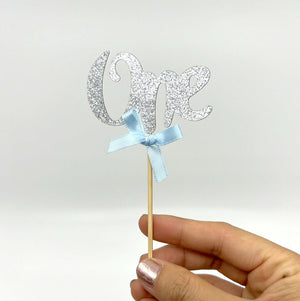 Silver Glitter One Script Paper Cupcake Topper 6 Pack - Blue Ribbon