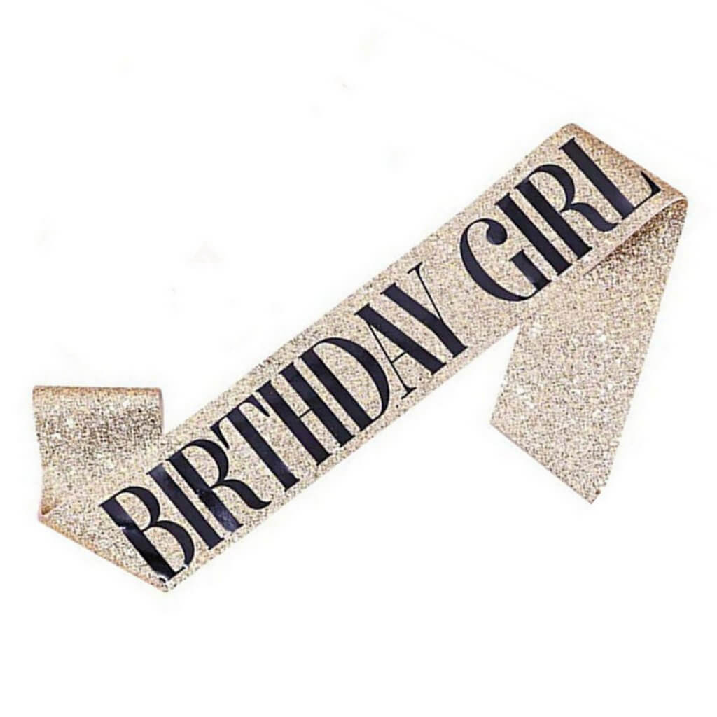 Deluxe Glitter BIRTHDAY GIRL Champagne Gold Satin Sash - Black Foil Print