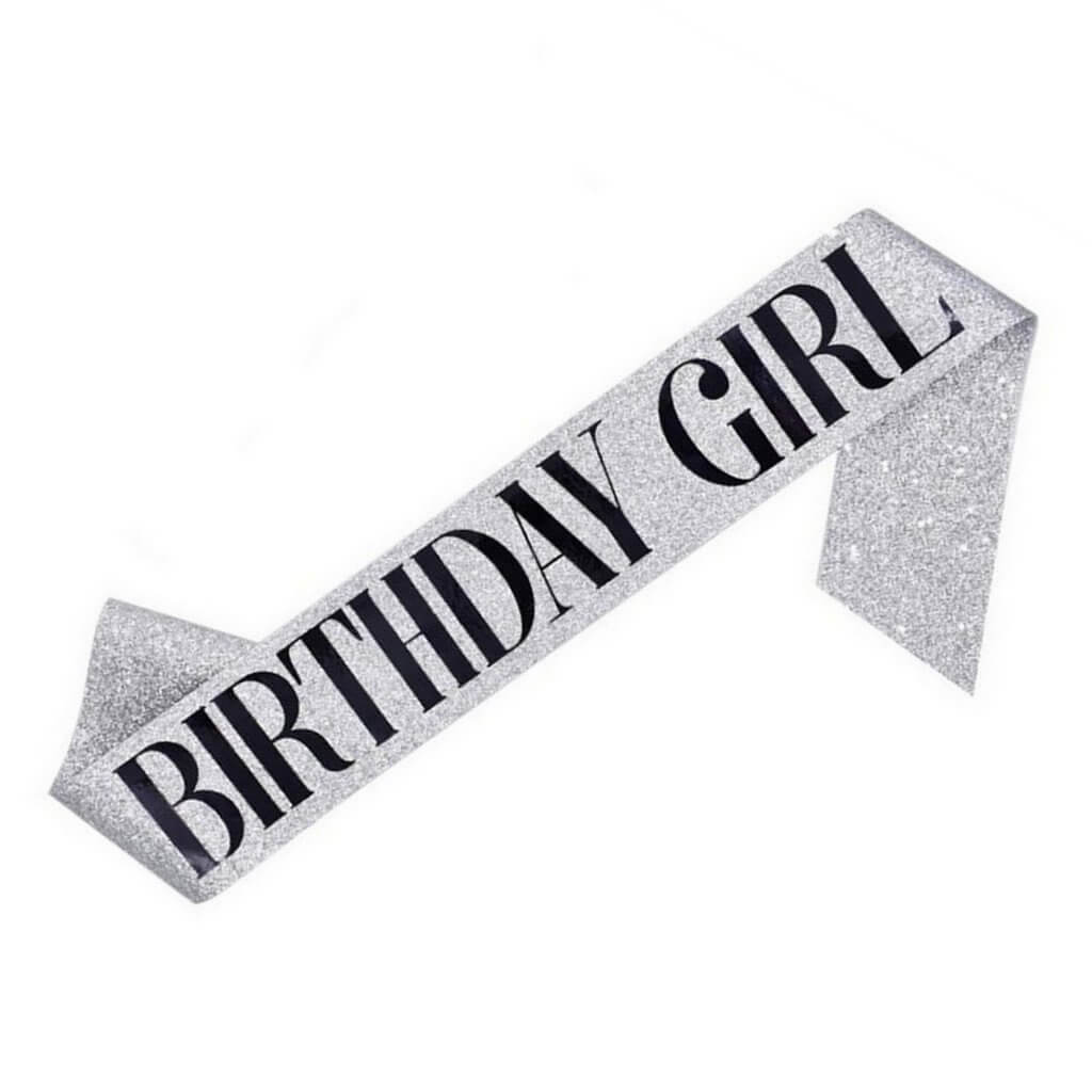 Deluxe Glitter Silver BIRTHDAY GIRL Party Sash - Black Foil Print