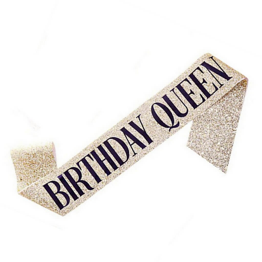 Deluxe Glitter Champagne Gold BIRTHDAY QUEEN Party Sash - Black Foil Print