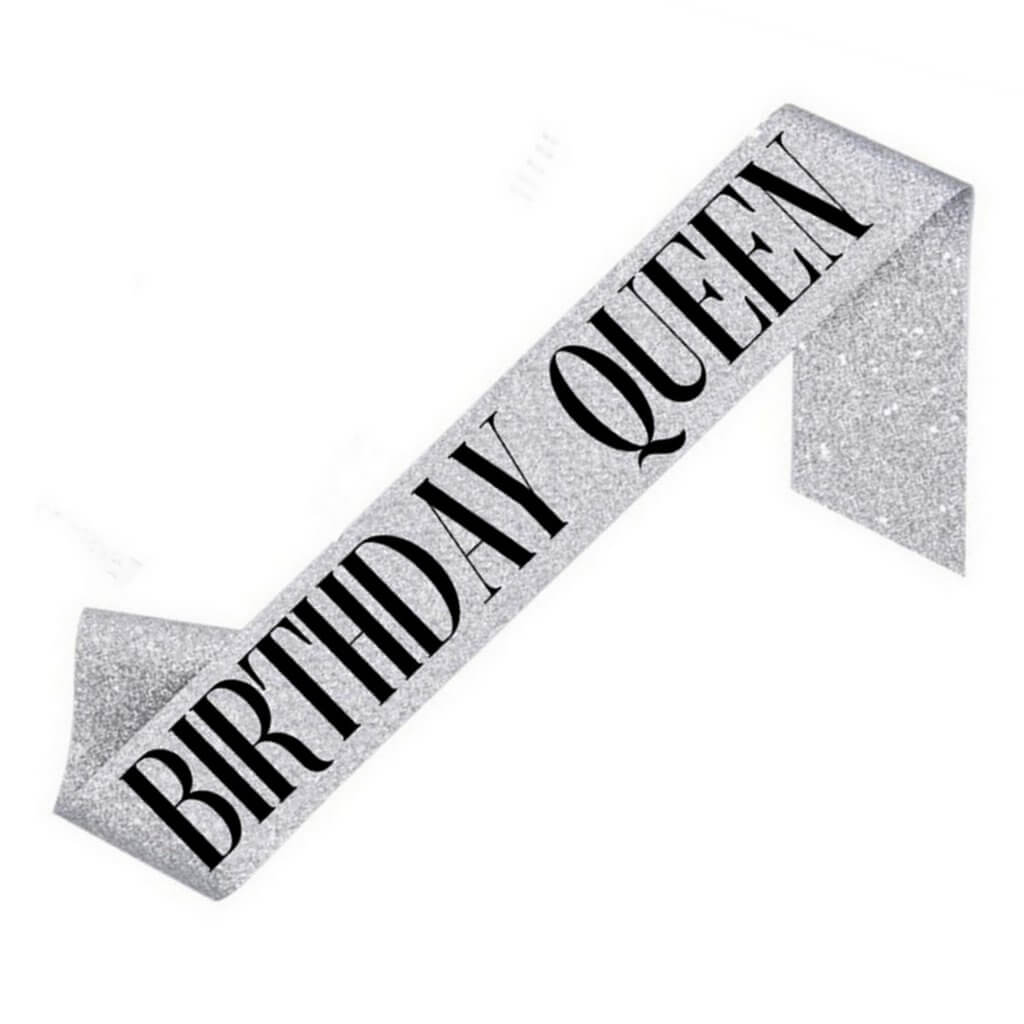 Deluxe Glitter Silver BIRTHDAY QUEEN Party Sash - Black Foil Print