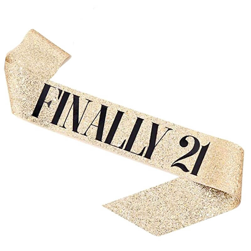 Deluxe Glitter Champagne Gold FINALLY 21 Party Sash - Black Foil Print