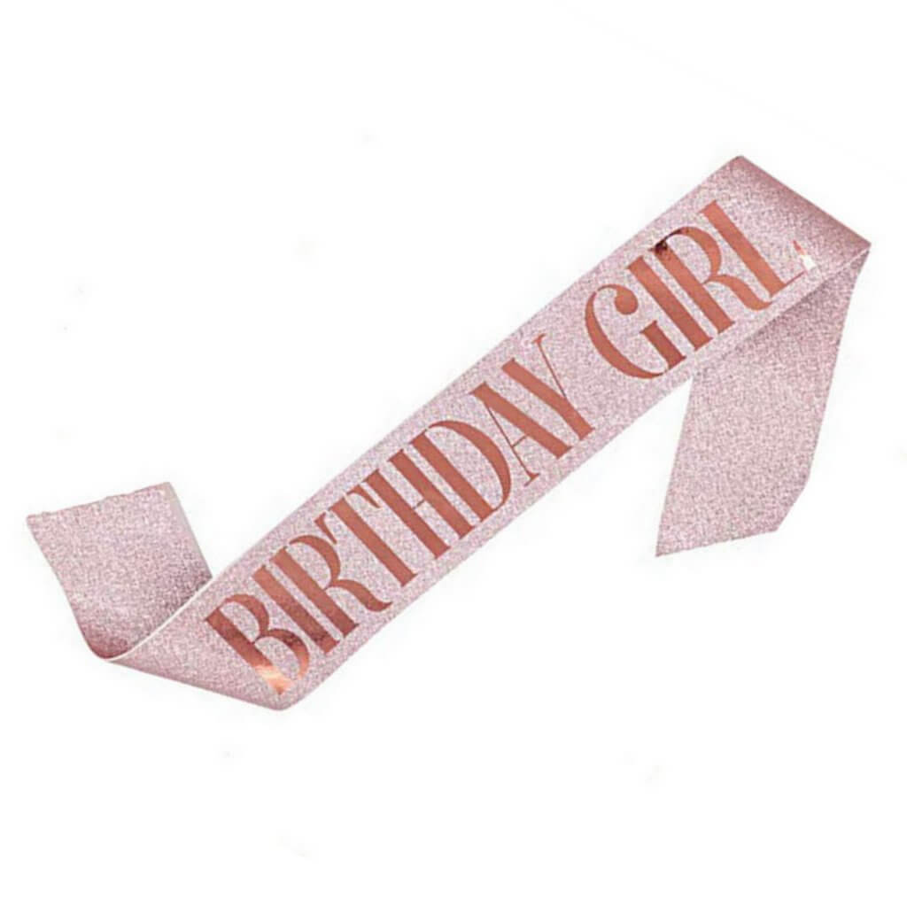 Deluxe Glitter BIRTHDAY GIRL Pink Satin Sash - Rose Gold Foil Print