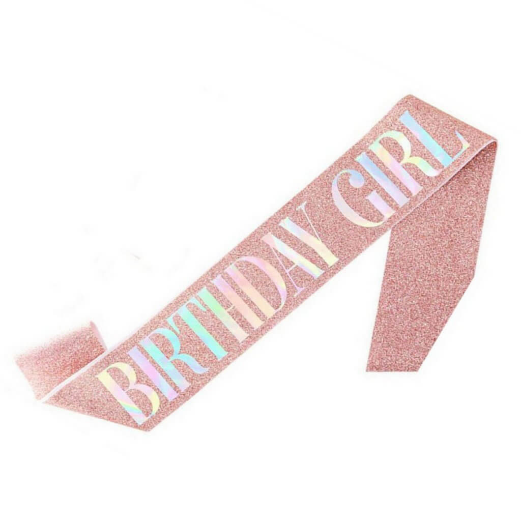 Deluxe Glitter BIRTHDAY GIRL Rose Gold Satin Sash - Silver Foil Print