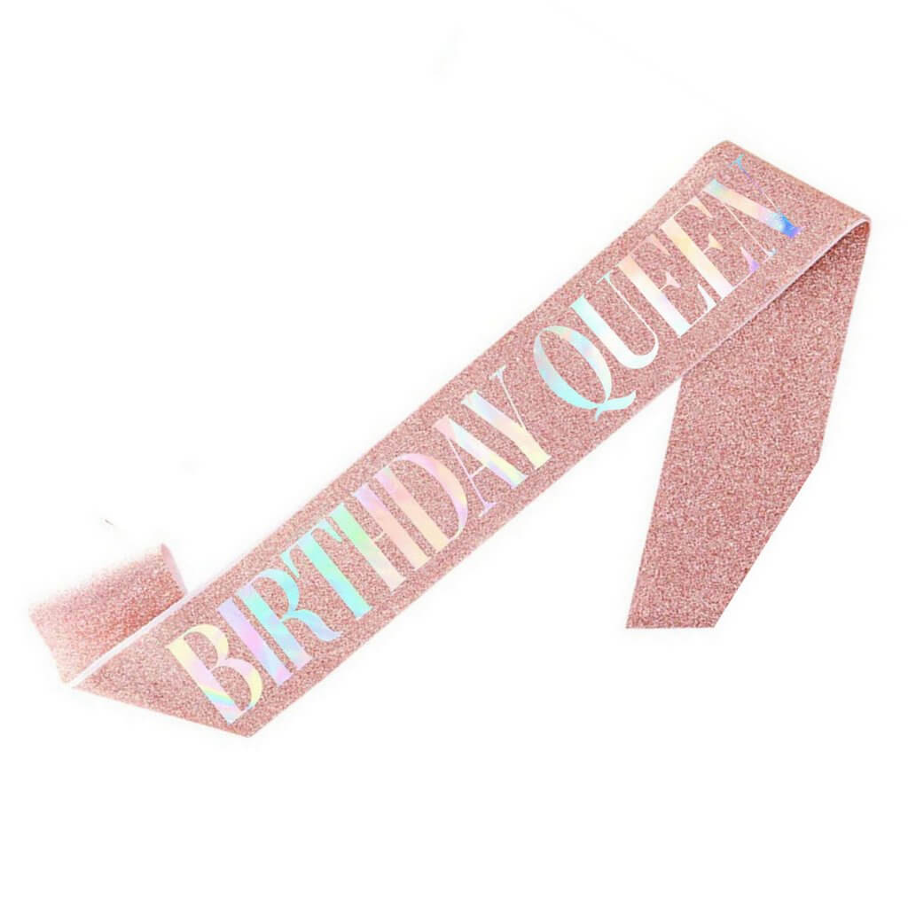 Sparkly Glitter Birthday Queen rose gold Satin Sash - Silver Foil Print