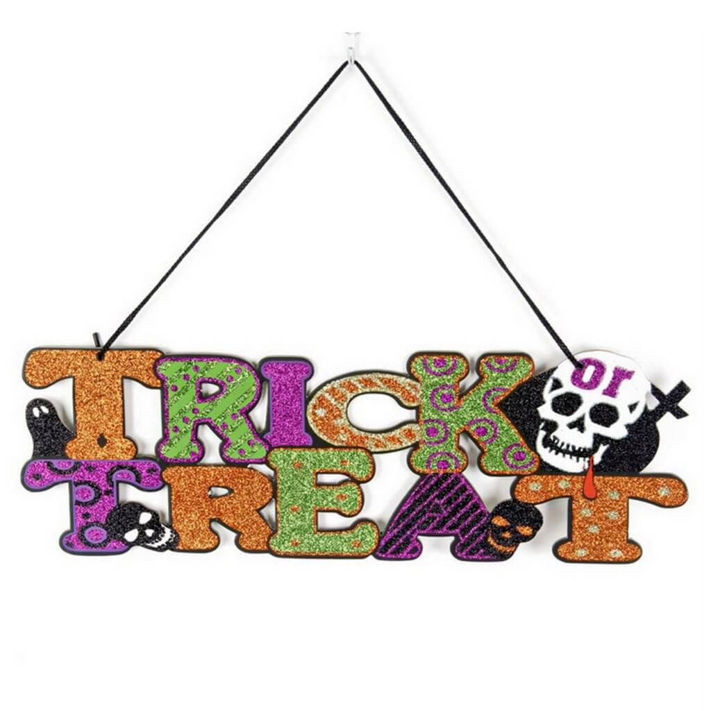 Glitter Spooky Halloween Trick or Treat Skull Door Sign