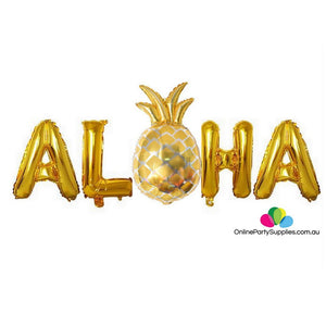 Gold ALOHA With Gold Pineapple Foil Balloon Banner - Online Party Supplies